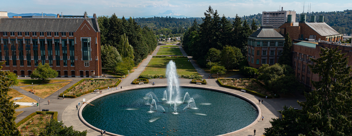 Aerial view of UW's Drumheller Fountain