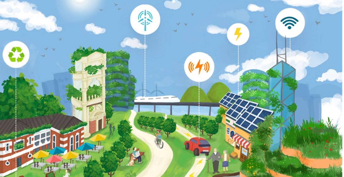 drawing of an urban street with lots of greenery, and icons for clean energy and recycling