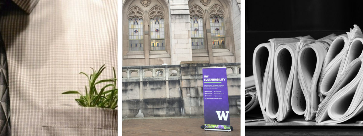 Three photos: shirt with plant in pocket; UW Sustainability poster; folded papers
