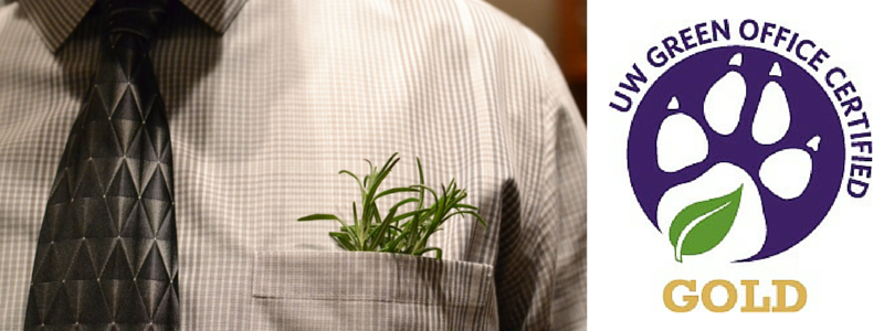 Two images. Left: a closeup of a person in a shirt and tie with a plant in the breast pocket. Right: the Green Office logo.