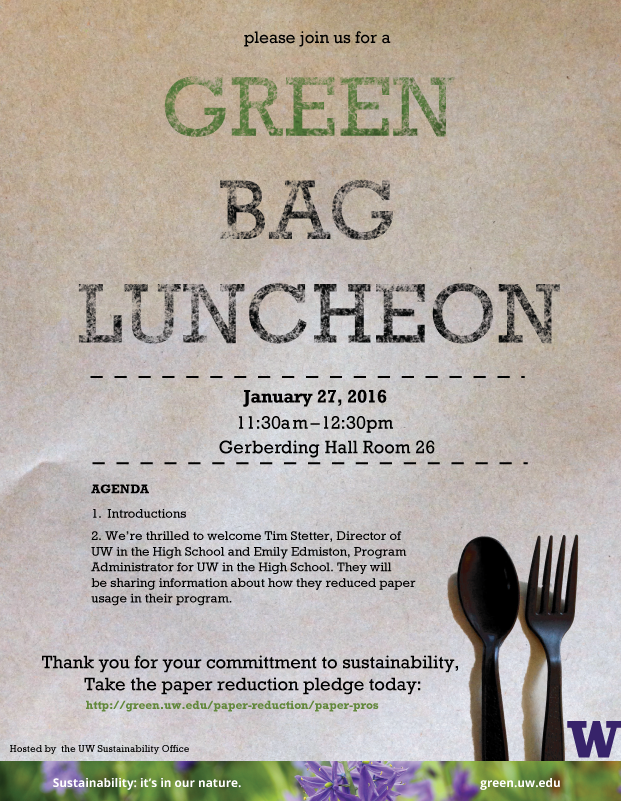 Event poster: Green bad luncheon for paper reduction, January 2016