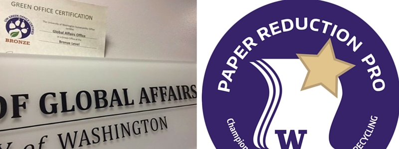 Two images. Left: a Green Office certification hung on a wall. Right: Green Office logo.