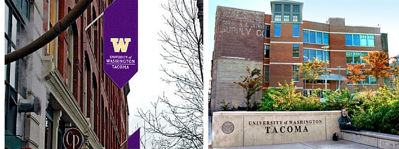 Two photos of University of Washington Tacoma signage.