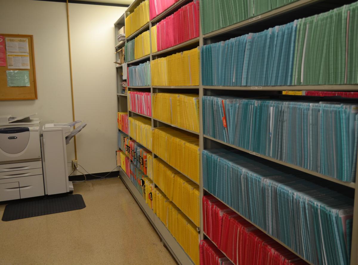 Shelves full of color-coded admissions packets.