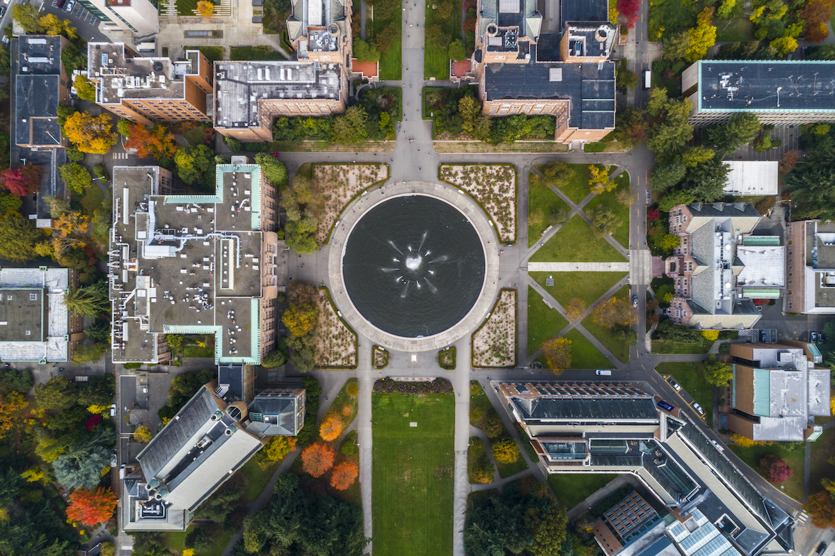 Aerial view of UW's Drumheller Fountain