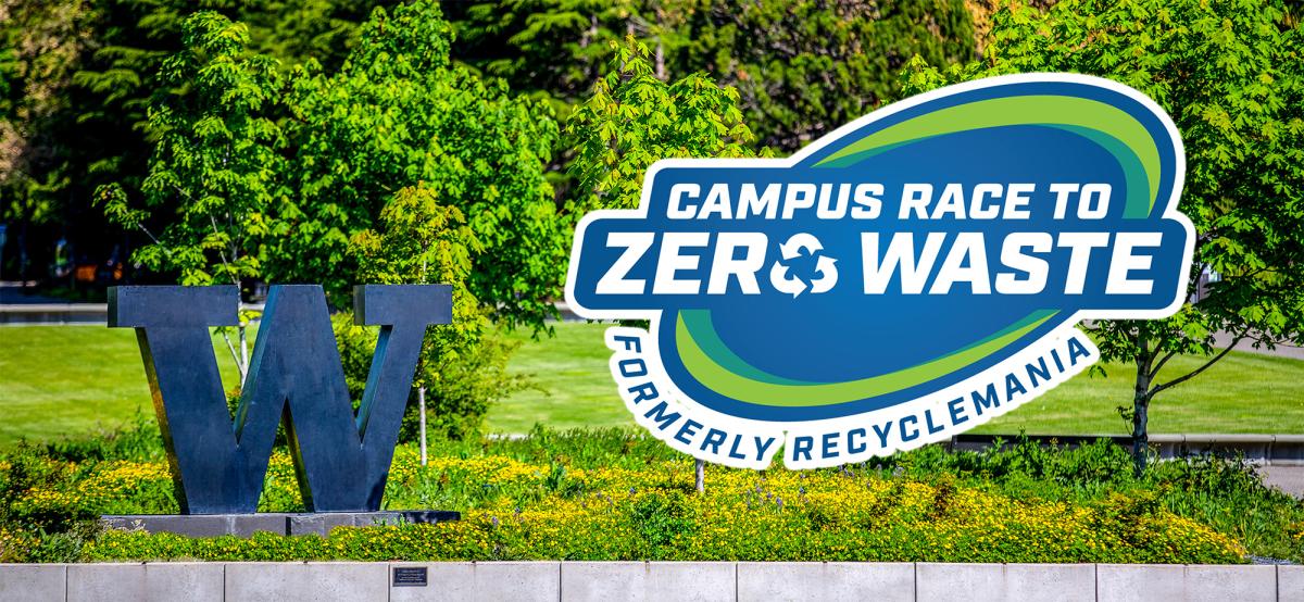 the campus waste to zero waste logo overlays an image of a large metal w sculpture on a lawn