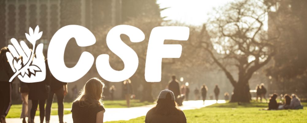 CSF logo over image of UW students on a sunny day in the Quad