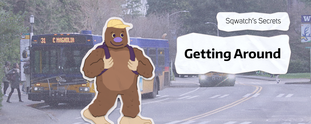 Sqwatch the sasquatch in front of a bus, with the text "Swatch's secrets: getting around"