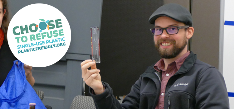 uw employee with plastic free july logo