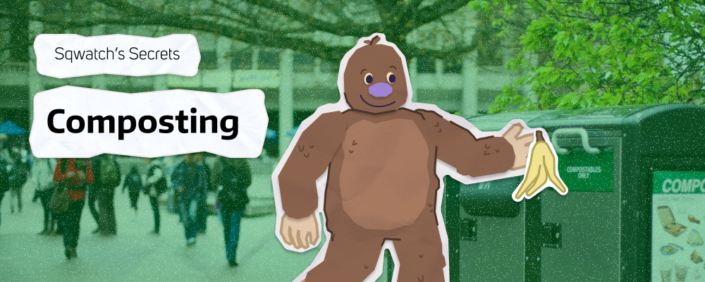 Image of Sqwatch (a sasquatch) placing a banana peel in a compost bing