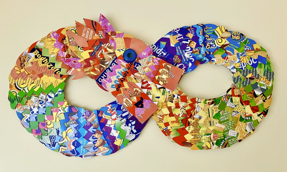 A 2-dimensional infinity shape made from cardboard food packaging