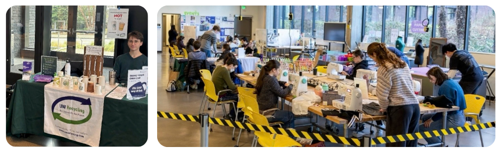 two photos, one of a person at a table with UW Recycling signage, and another of people attending a mending fair event