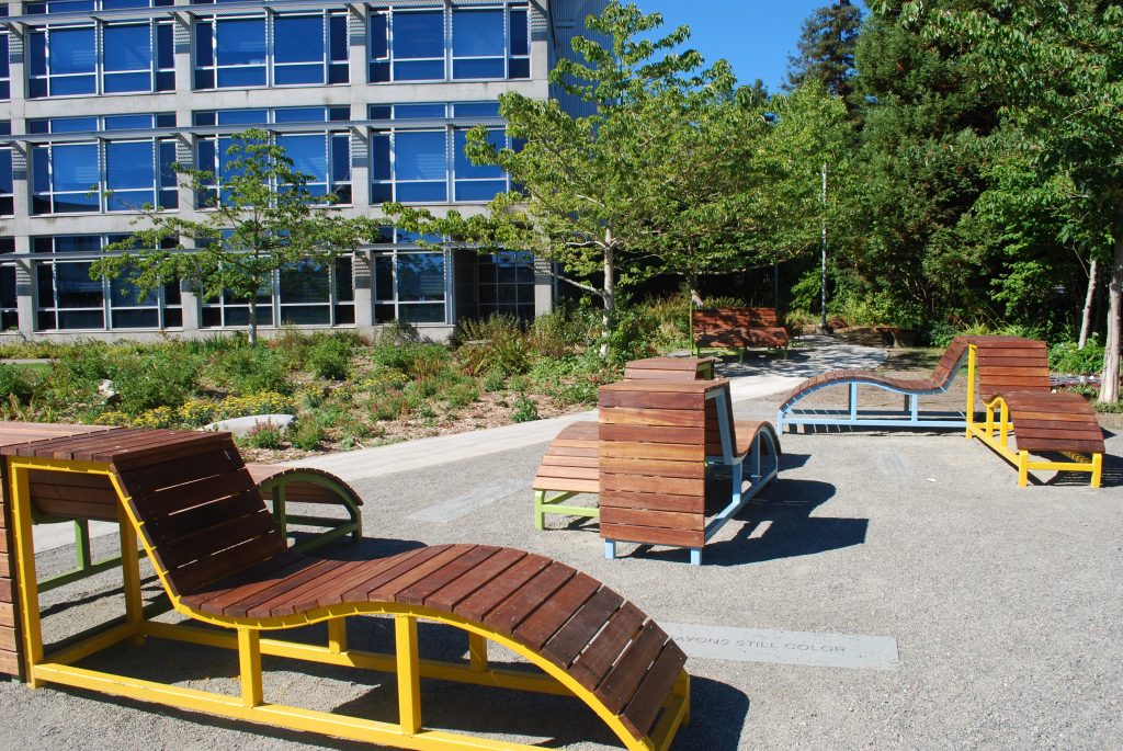 Mobile wood chairs, built by the Design Build Landscape Architecture students.