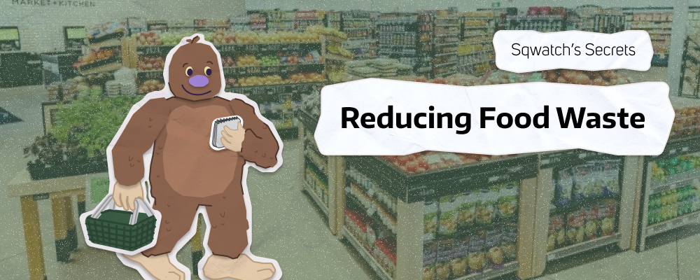 Image of Sqwatch in a grocery store's produce section, with text "Sqwatch's Secrets: Reducing food waste"