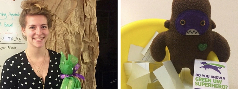 Two photos. Left: Winner Lindsey Boisvin smiling. Right: Stuffed Sqwatch with a bowl of papers with names to be drawn.