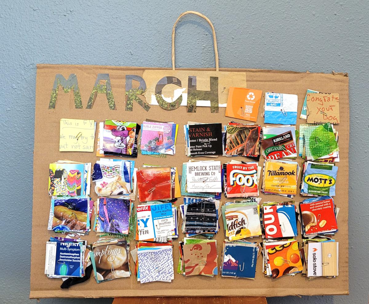 artpiece that looks like a calendar but is made from trash