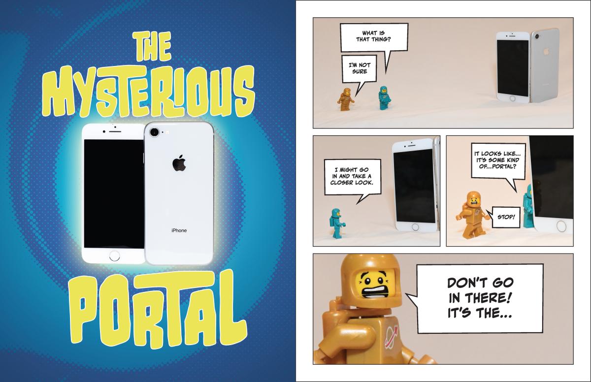 acomic book artwork called the Mysterious Portal featuring legos and an old iPhone. Click the link for a PDF of the full piece