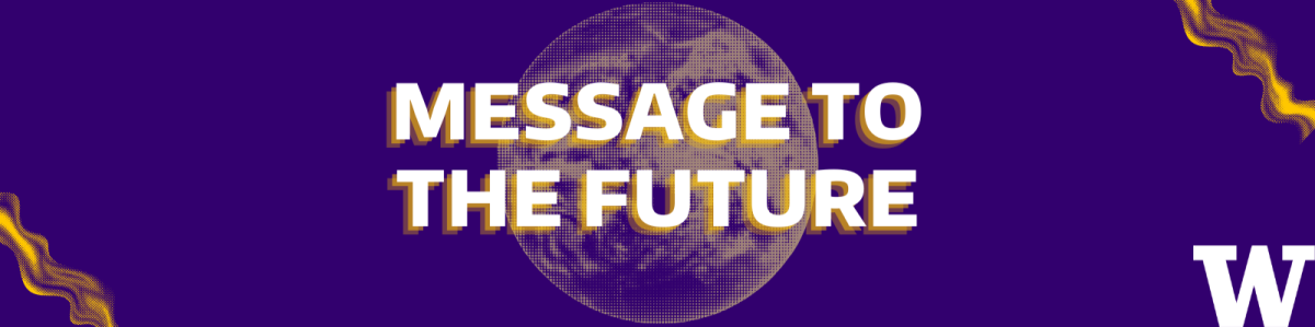 text "Message to the future" overlaid on a globe with a purple background