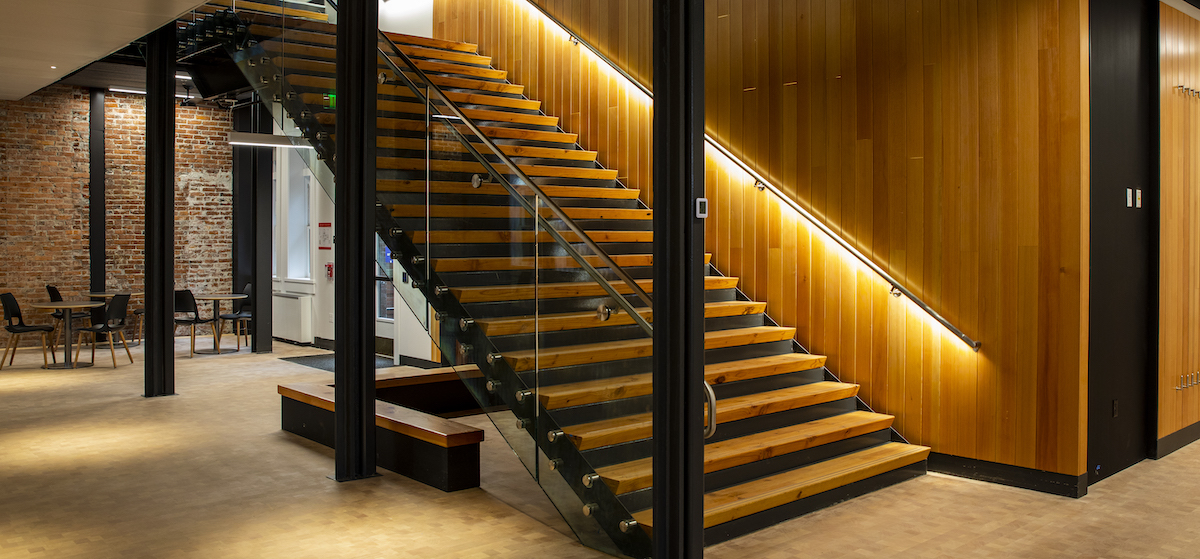 image of stairs and wooden wall in Parrington Hall