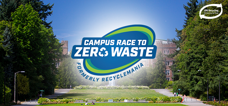 campus race to zero waste logo on top of a sunny aerial shot of the University of Washington Rainier Vista lawn. A UW Recycling logo is in the top right corner. 