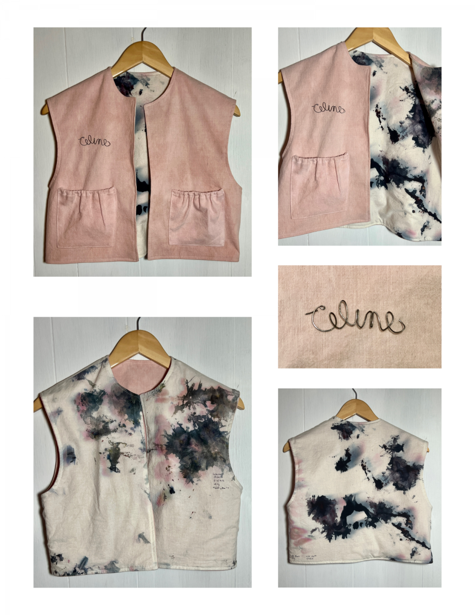 multiple photos of a pale pink vest with tie-dyed components