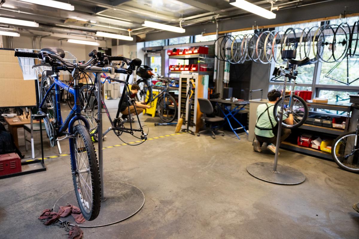 bikes set up in asuw bike shop to be worked on