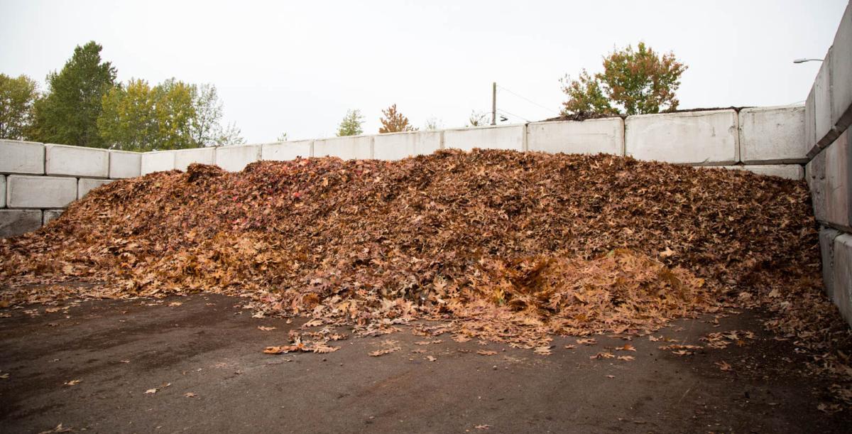 leaves and compost pile surrounded by a cinder block structure