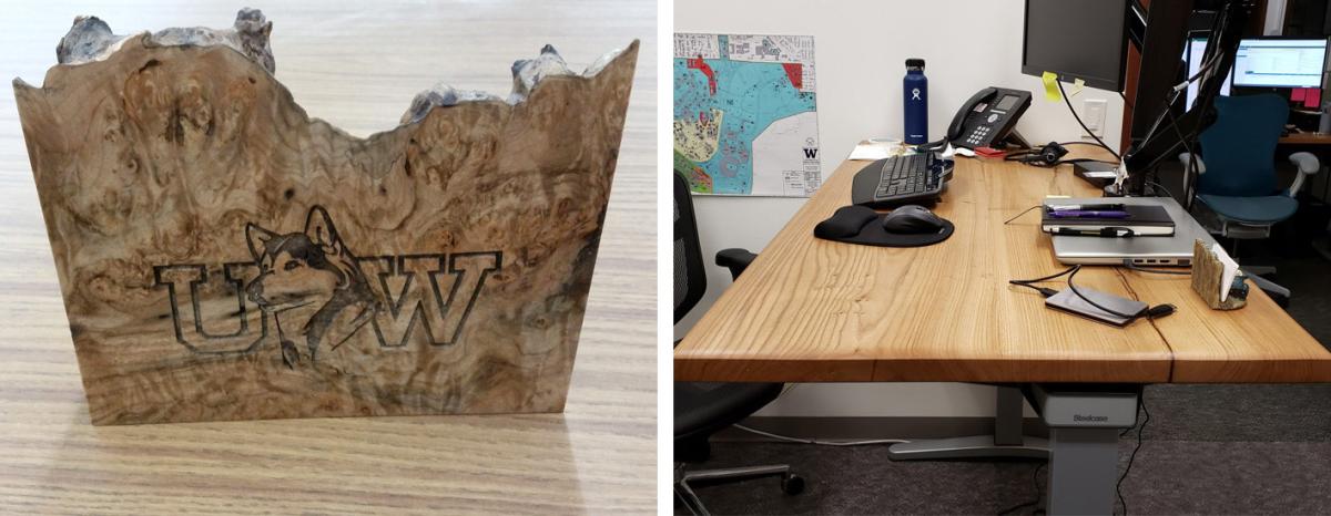 two images: one is a rustic wood plaque with a husky on it and the other is a wooden desk with a computer