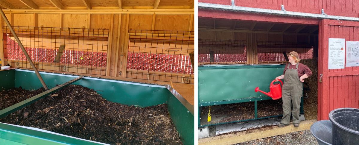 two photos: one of a container of earth and the other is a red barn with a person wearing coverrals in front of it with a watering can