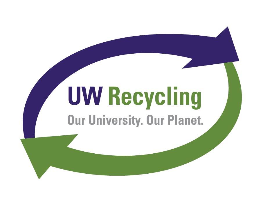 uw recycling logo. Text reads UW Recycling. Our University. Our Planet with chasing arrows around.