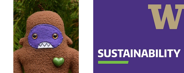 Stuffed Sqwatch with the UW Sustainability logo.