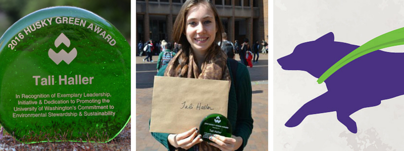 Tali Haller's Husky Green Award and Tali holding her award.