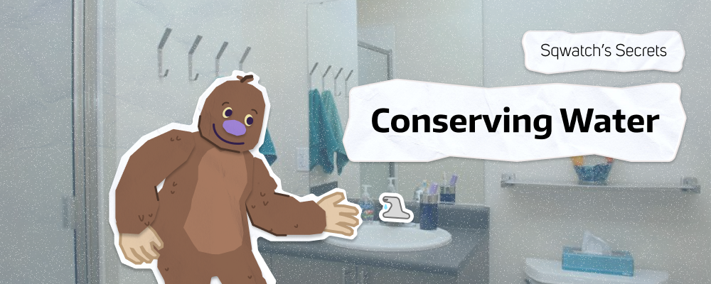illustration of Sqwatch next to a sink with text reading "Sqwatch's secrets: conserving water"
