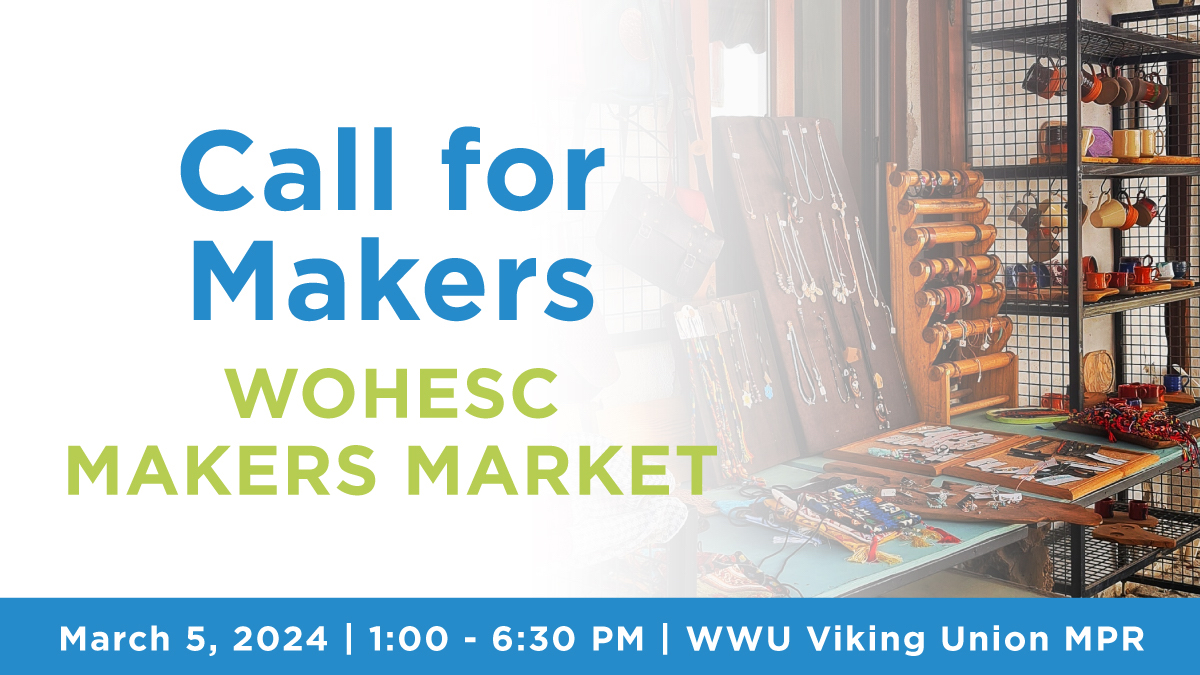 background image of hand-made goods with text "Call for Makers, WOHESC Makers Market"