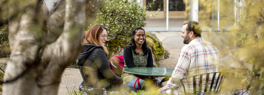 UW staff sitting at a table outside among trees