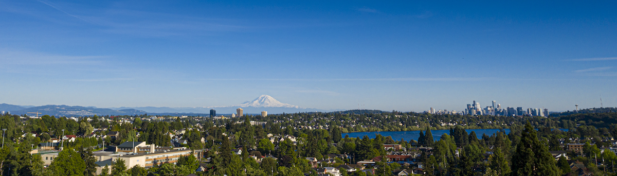 Aerial view of Seattle and Mt. Rainier from the UW campus