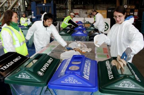 UW volunteers sort recyclable and compostable material at the 2011 UW Trash-In