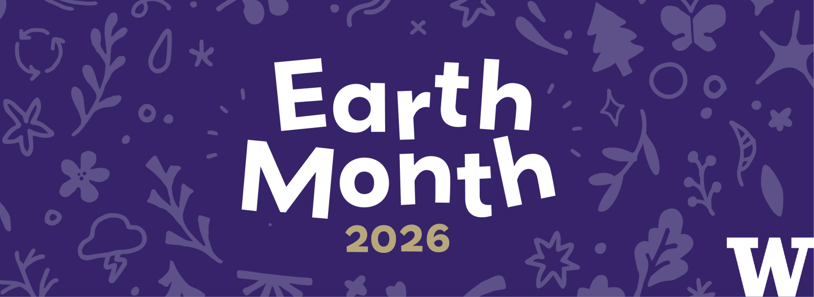 purple background with lighter purple doodles of plants and text reading "Earth Month 2026"