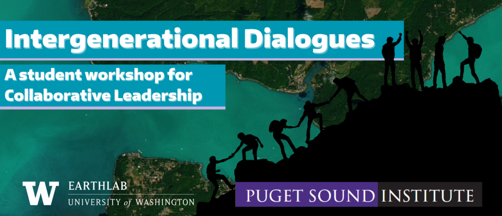 Event banner with a river in the background and people helping each other up a mountain in the foreground