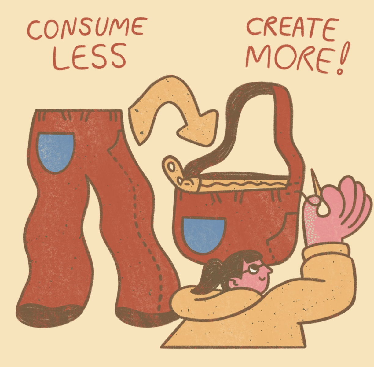 cartoon illustration of someone sewing pants into a tote bag