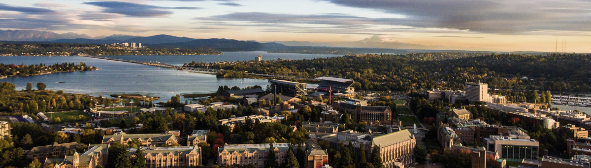 aerial photo of campus and lake