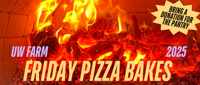 Image of pizza oven, with text "UW Farm Friday Pizza Bakes"