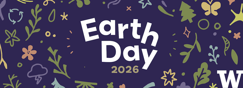 Earth Day 2026 text over purple background with colorful doodles of plants on the edges