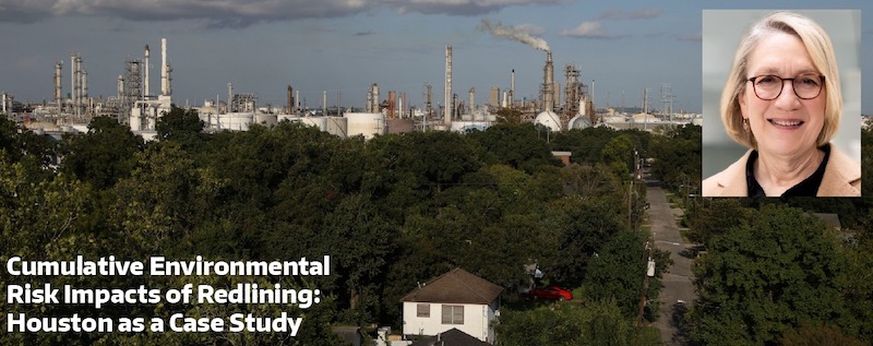 Event flyer with picture of speaker over a view of a oil refinery