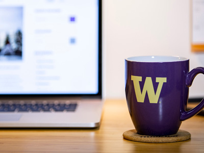 W mug on desk