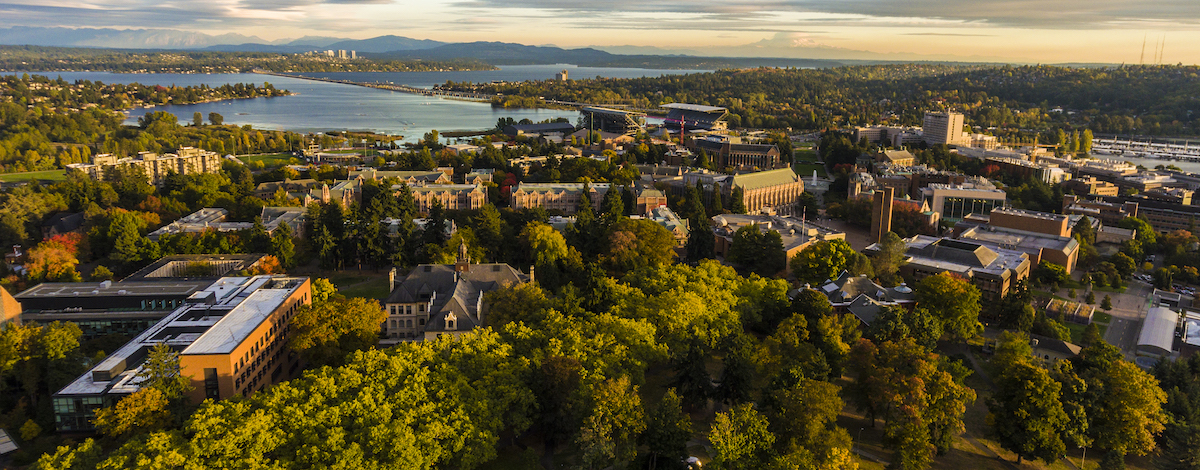 Aerial view of UW Seattle campus and Lake Washington
