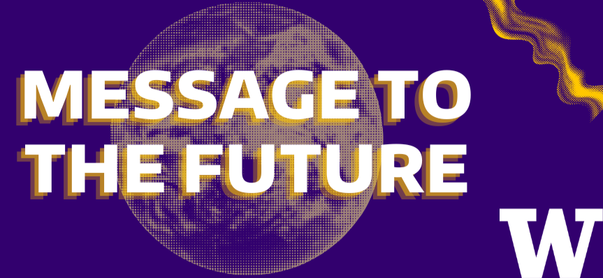 text "message to the future" on a purple background with a globe behind