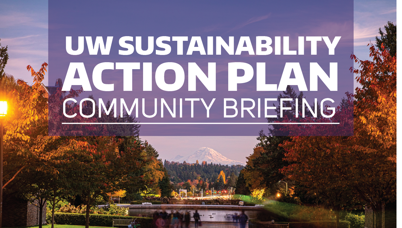 UW Sustainability Action Plan Community Briefing text over UW campus photo
