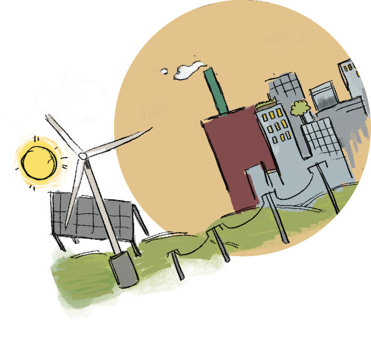 illustration of campus buildings with solar and wind energy