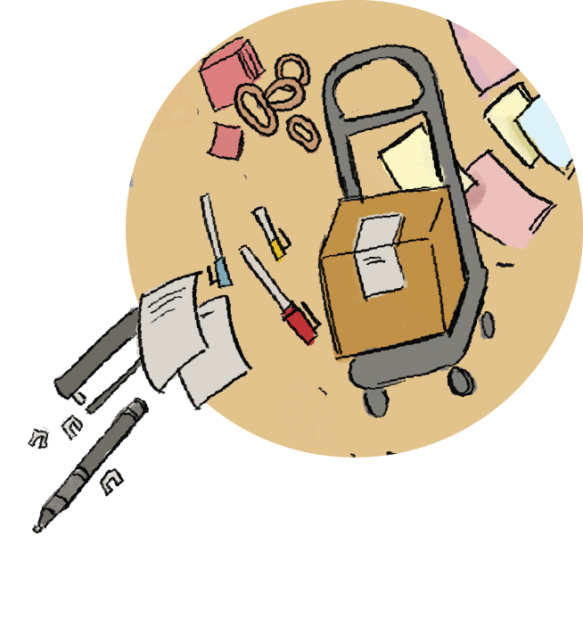 illustration of office supplies on a dolly